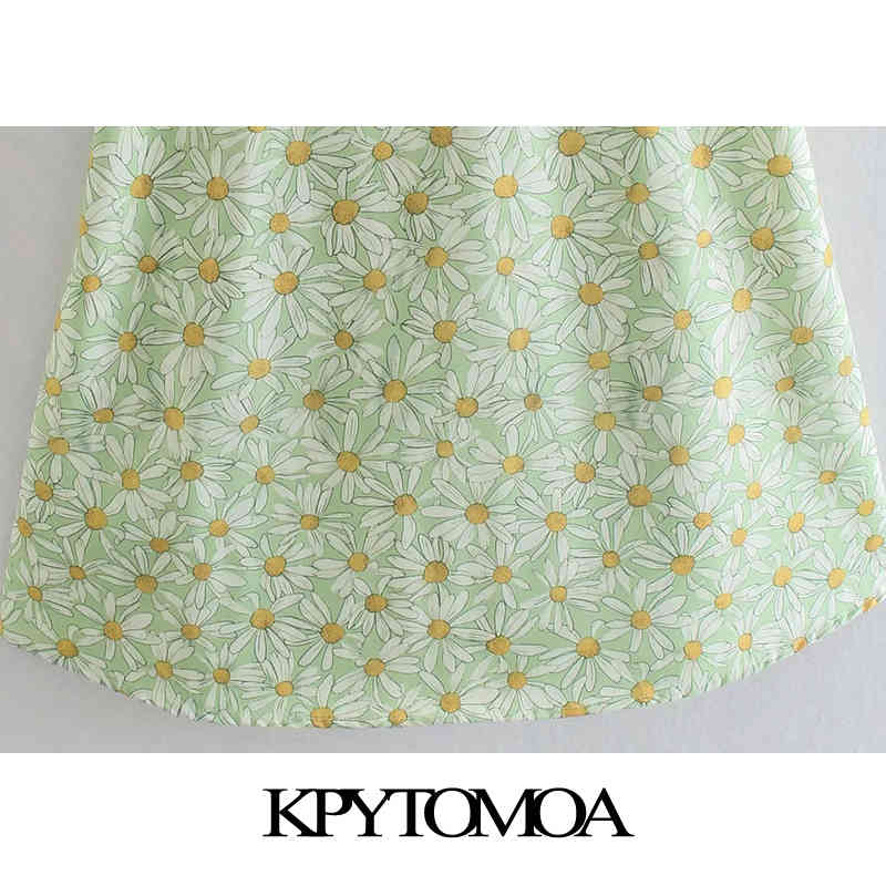 Women Chic Fashion Floral Print Smocked Linen Mini Dress Puff Sleeve Side Zipper Female Dresses Vestidos 210420