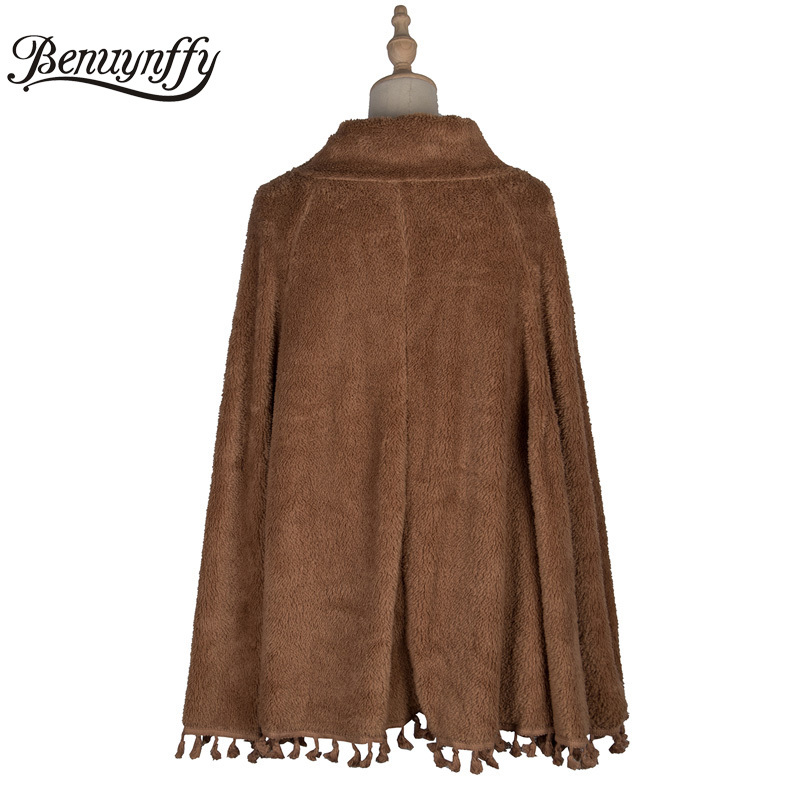 Elegant Solid Hairy Tassel Poncho Women Autumn winter Turtleneck Cloak Sleeve Cape Coat Female Casual Outerwear 210510