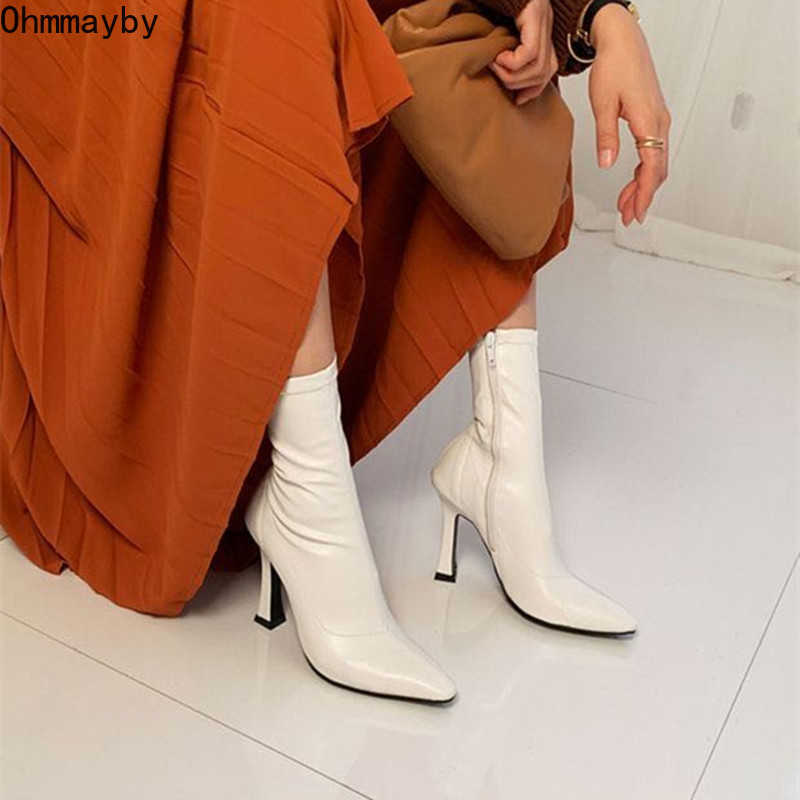 Black Women Ankle Boots Woman Thin High Heel Fashion Pointed Toe Zipper Winter Women's Shoes 2021 Leather White Short Booties Y0914