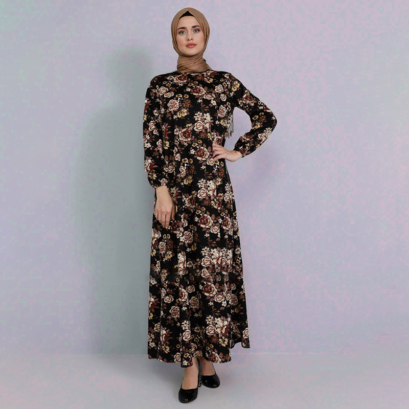 Women Floral Print Ankle Length Shirt Dress Long Sleeve Retro es Female Party 's Muslim 210428