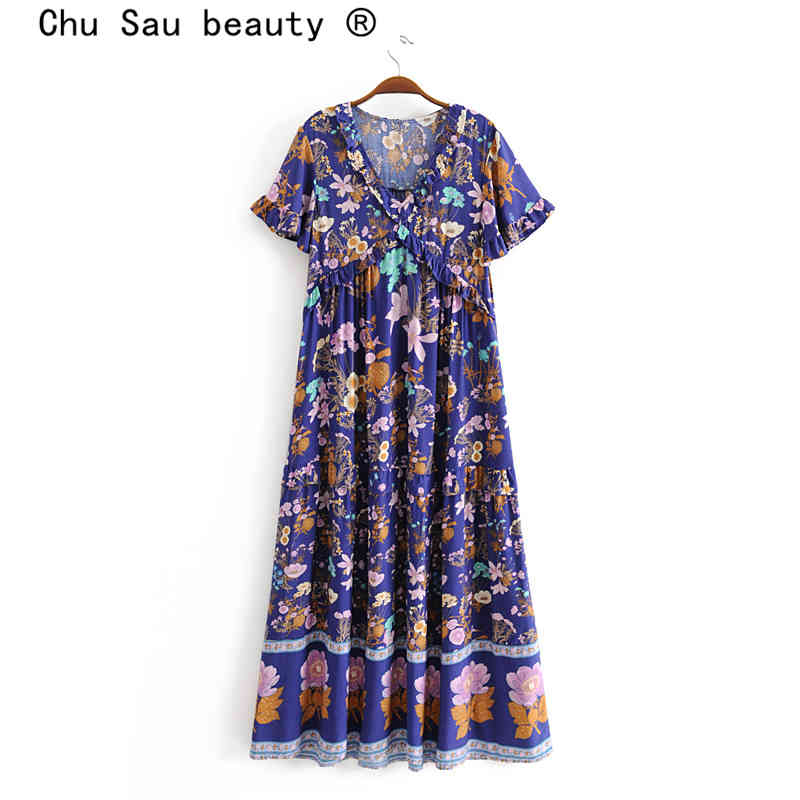beauty Bohemian Beautiful Floral Print Maxi Dress Women Holiday Fashion Ruffles Loose Dresses Female Vestido De Moda 210514