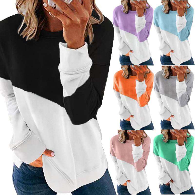 women's 2021 new color matching long sve round neck contrast loose sweater t-shirt for women, Black
women's 2021 new color matching long sve round neck contrast loose sweater t-shirt for women, Black