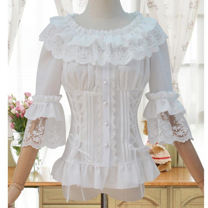 White Blouses 2021 Victorian Lace&Chiffon Ruffled Collar Half Flare Sleeve Gothic Women Blouse Shirt Corset Women's & Shirts