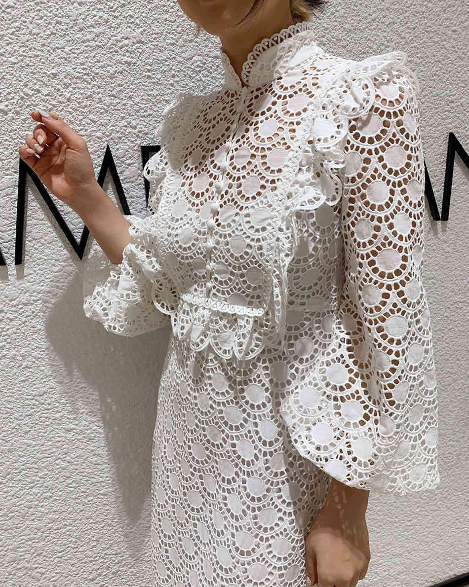 Free Women's White Hollow Embroidered Dress Vestidos Sexy V-neck Lantern Sleeve Ruffled Party Long 210524