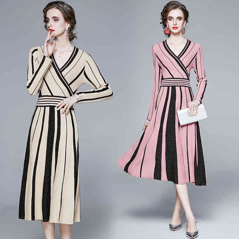 Fashion Autumn Sweater Dress Women Long Sleeve V-Neck Striped Pullover Knitted Dress Female Pleated Mid-Calf Vestidos, Black;gray
Fashion Autumn Sweater Dress Women Long Sleeve V-Neck Striped Pullover Knitted Dress Female Pleated Mid-Calf Vestidos, Black;gray