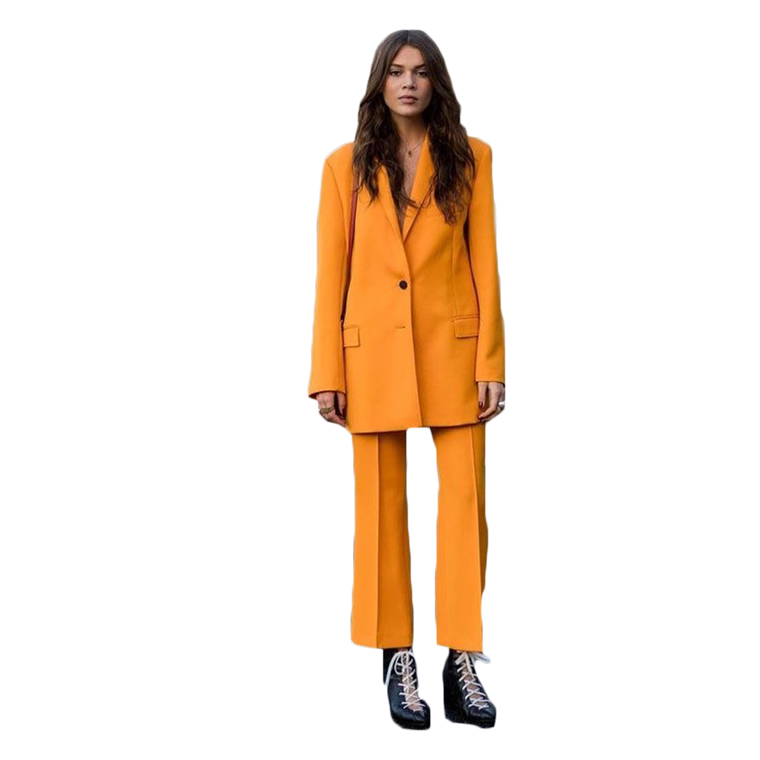 Fashion Orange Women Pants Suits Leisure Loose Two Button Blazer Suit Ladies Prom Party Wedding Wear Outfit (Jacket+Pants)