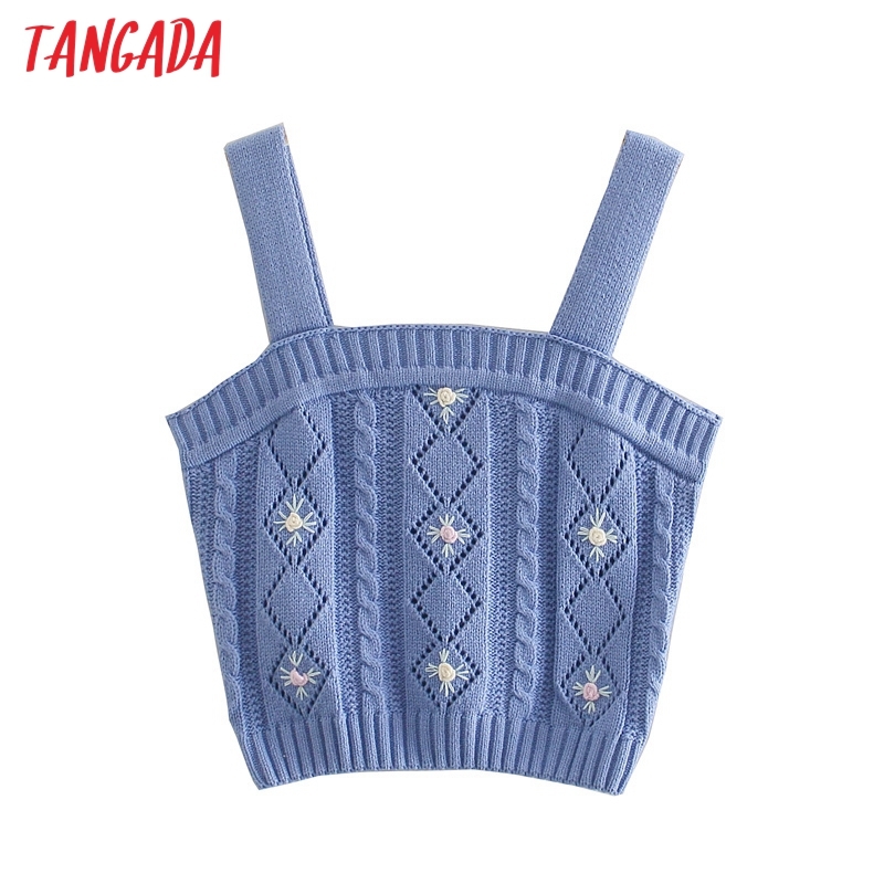 Women Floral Embroidery Tank Top Sleeveless Backless Female Hollow Out Knit Tops 3N18 210416