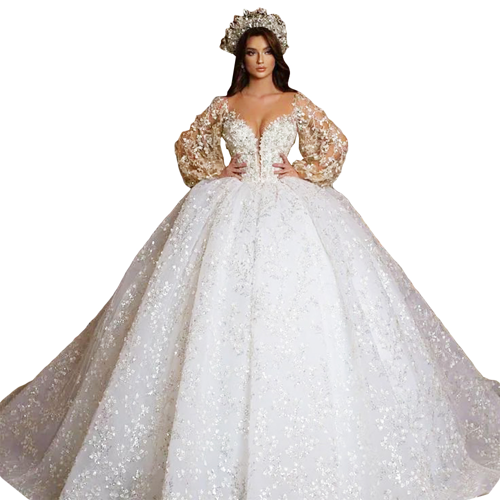 Dubai Vestidos Novia Ball Gown Wedding Dress 2022 Long Sleeve 3D Flower Lace Luxury Bridal Gowns Crystal Beads Bride robes de mariée