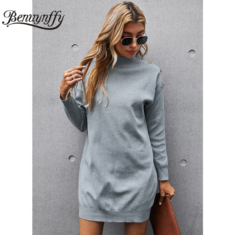 Drop Shoulder Button Gray Knitted Sweater Dresses Women Turtleneck Long Sleeve Casual Ladies Winter Mini Dress 210510