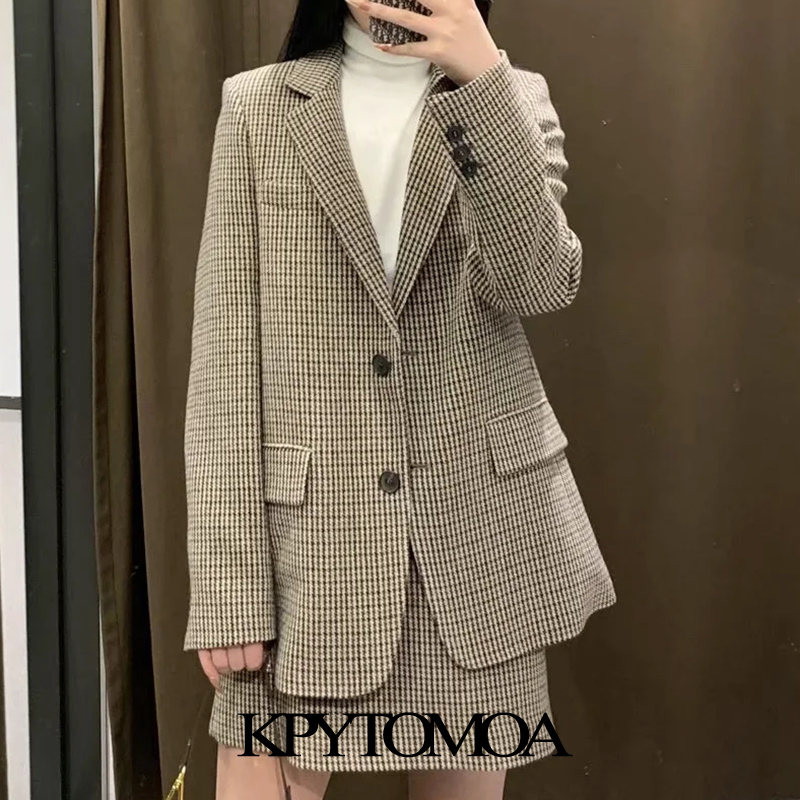 Women Fashion WIth Pockets Houndstooth Blazer Coat Long Sleeve Back Vents Female Outerwear Veste Femme 210420