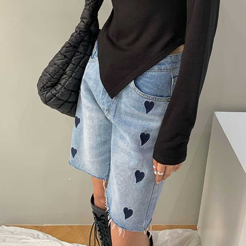 Genayooa Streetwear Denim Shorts Women Print Heart Chic High Waist Biker Shorts Jeans Feminino Summer Korean Style Ladies 210625