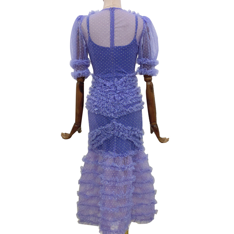 VGH Patchwork Mesh Dot Dress For Women V Neck Short Sleeve High Waist Hit Color Summer Dresses Female Fashion New Tide Clothing 210421