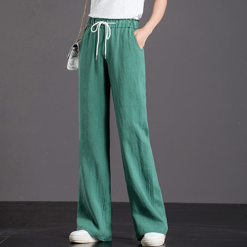 Spring Fashion Women Wide Leg Pants Plus Size Casual Trousers Drawstring High Waist cotton linen Loose Long D156 210512
