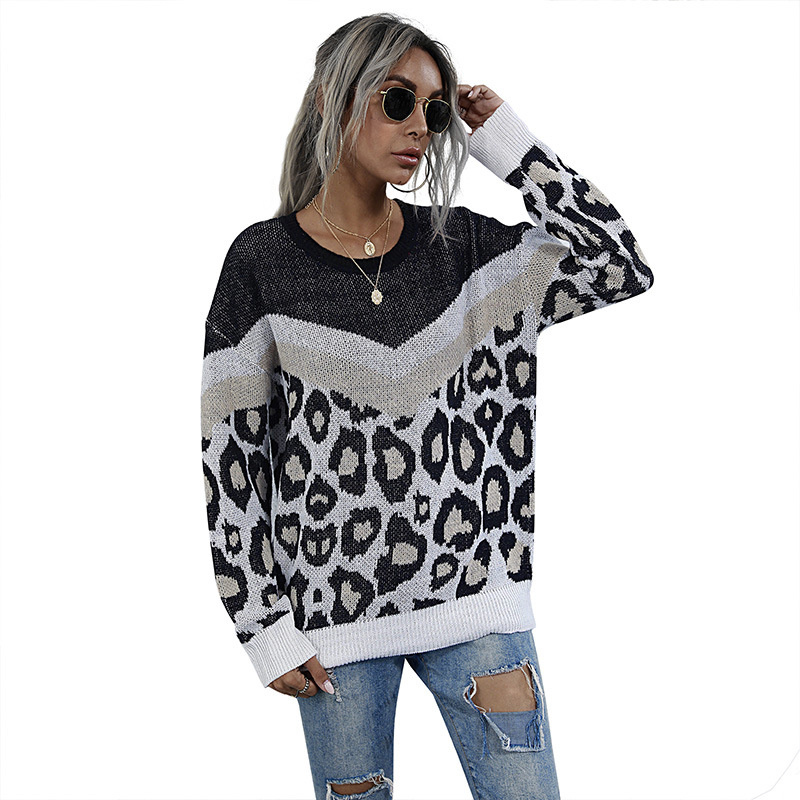 Fall/winter leopard sweater stitching contrast color loose round neck women's pullover, White;black
Fall/winter leopard sweater stitching contrast color loose round neck women's pullover, White;black