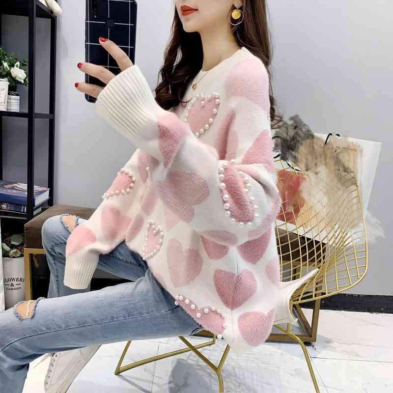 Lazy Style Foreign Loose Sweater Women Korean Version Pullover Small Fresh Pearl Plush Jacket Autumn 210427