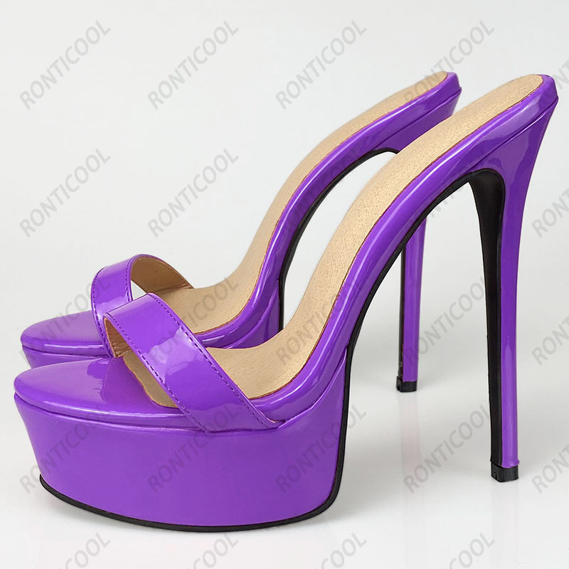 Rontic Handmade Women Platform Mules Sandals Patent Stiletto High Heels Open Toe Pretty Fuchsia Red White Shoes US Size 5-20