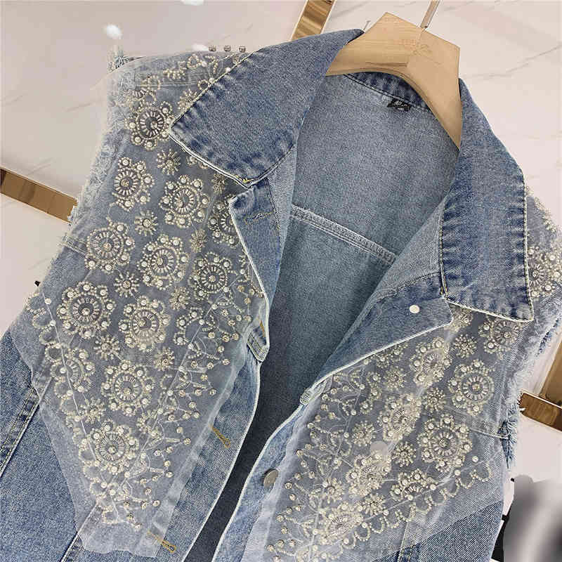 Casual Patchwork Lace Vest Coat For Women Lapel Sleeveless Loose Denim Jackets Female Fashion Clothing 210524