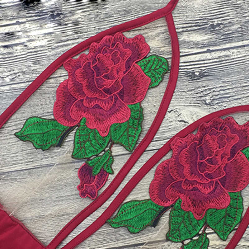 Sexy Rose Embroidery Overalls See Through Beach Bodysuits Women stretch Jumpsuit Halter Rompers Summer Swimsuit red wine 210607