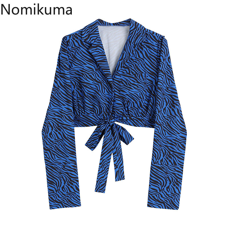Nomikuma Korean Zebra Stripe Short Blouse Long Sleeve Notched Collar Women Tops Bow Bandage Slim Waist Blusas Shirt 6G921 210427