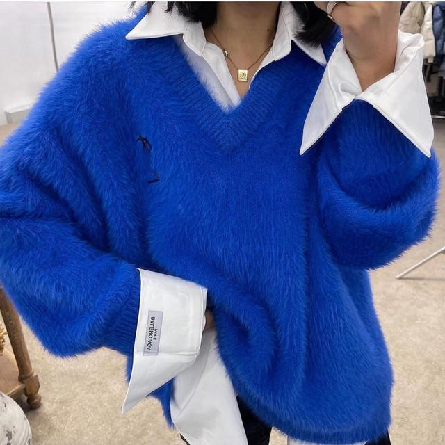 Lazy wind loose thin V-neck sweater female Korean fur winter new thickening warm solid color multi-match needle, Black
Lazy wind loose thin V-neck sweater female Korean fur winter new thickening warm solid color multi-match needle, Black