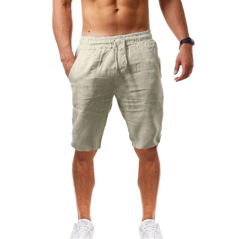 Cotton Linen Men's Shorts Summer Casual Fashion Breathable Solid Beach Shorts Thin Breathable Elastic Waist Male Sweatpants 210603