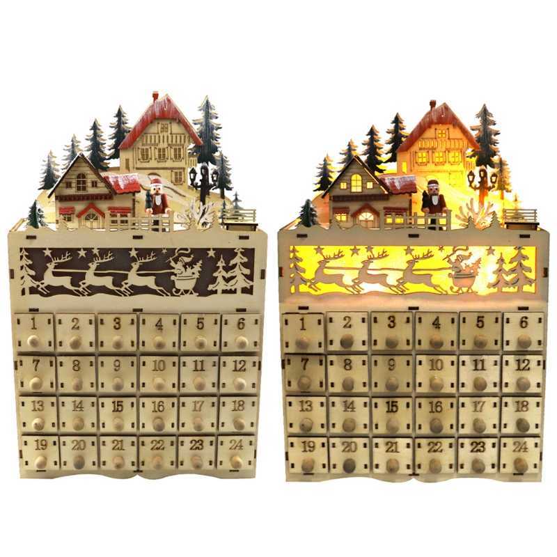 Christmas Wooden Advent Calendar LED Lighted Village House Santa Claus Countdown Ornament with Large Drawers Box Xmas Decoration 211019
