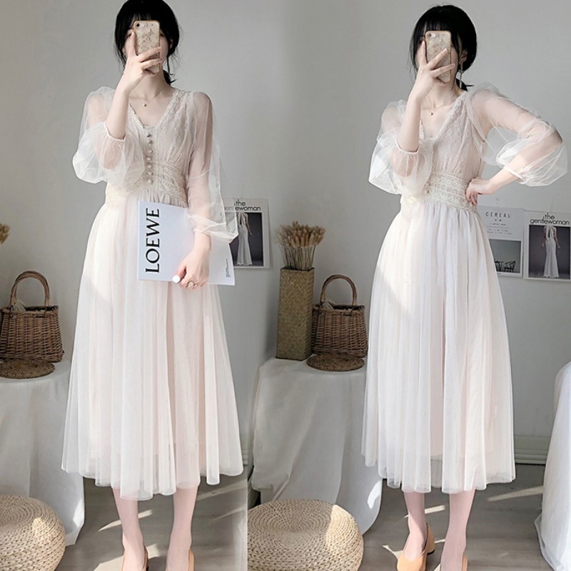 Spring Elegant Lace V-Neck Long Puff Sleeve Dress Vintage High Waist Mesh Sweet Boho Robe 210519