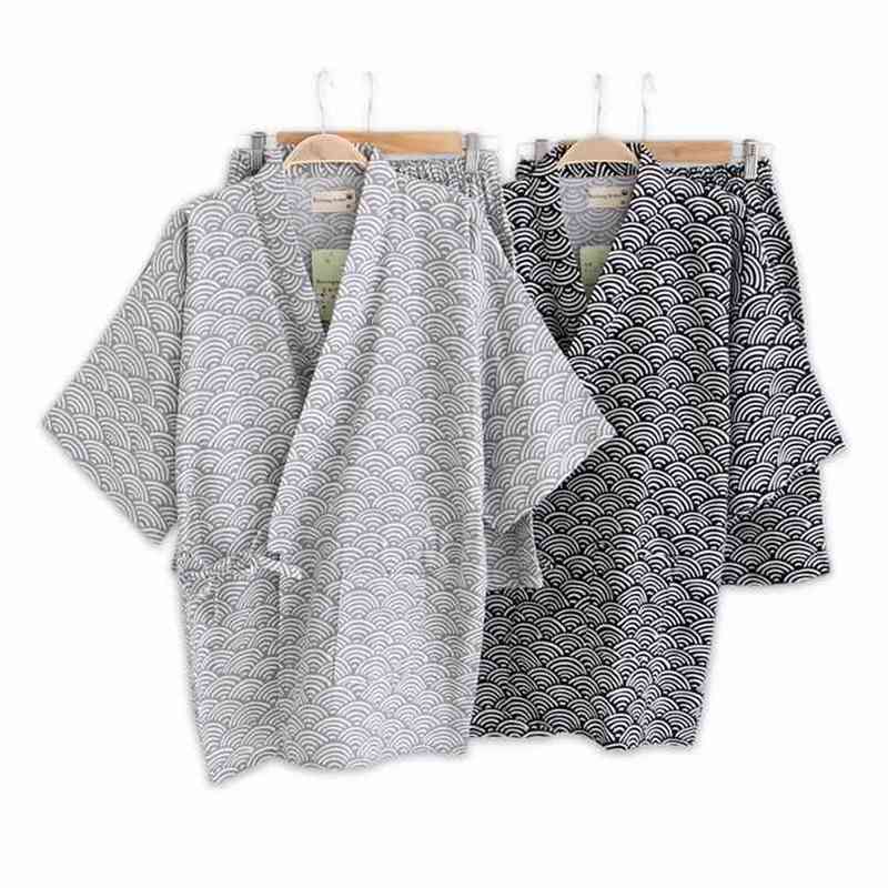 Simple wave 100% cotton shorts pyjamas men short sleeves sleepwear Japanese kimono pajamas sets shorts home bathrobes bedgown 210812
