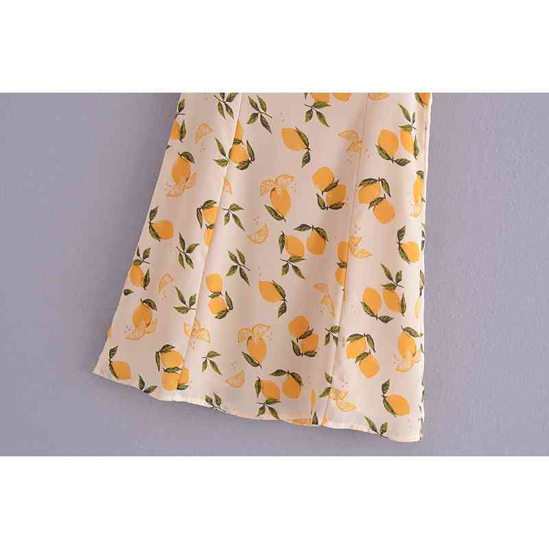 Summer French Chic Dress Short Spaghetti Strap Holiday Style Lemon Print Zipper Vestido Female 210514