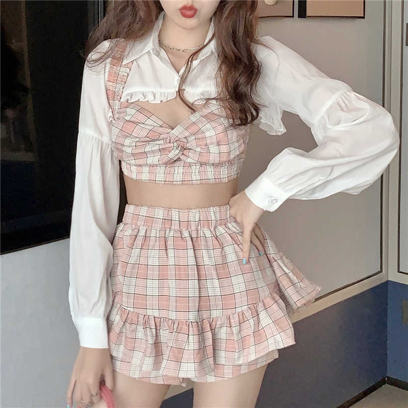 Korean Summer Fashion Outfit Sexy Short Ruffles Shirt Plaid Bow Suspender Mini Elastic High Waist Skirt Vacation Three-Piece Set 210708