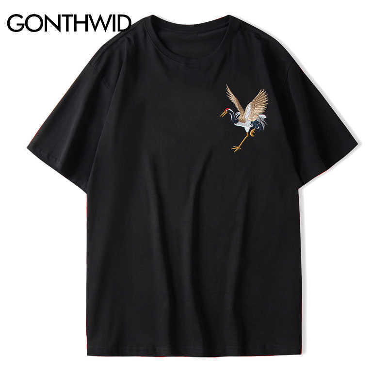 GONTHWID Harajuku Embroidery Crane Tees Shirts Mens Hip Hop Streetwear Tshirts Summer Fashion Casual Short Sleeve Tops Male 210623