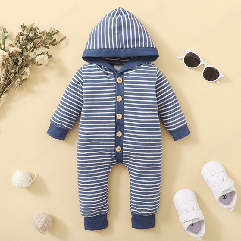 Baby Strip Hooded Bodysuit Stripe Long Sleeve Rompers Buttoned Collar Jumpsuit without Pocket Kids Clothing
