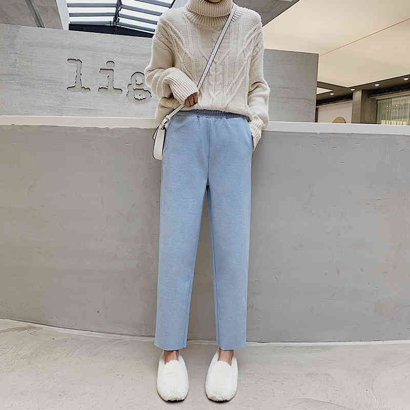 Woolen Harem Pants Women Winter Thickened Elastic High Waist Female Casual Wool Ankle-Length Plus Size 3XL 210514