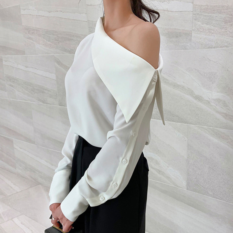 Korean Chic Off Shoulder Long Sleeve Blouse Women Sexy One Office Lady Elegant Solid Shirts Blusas Mujer 210422