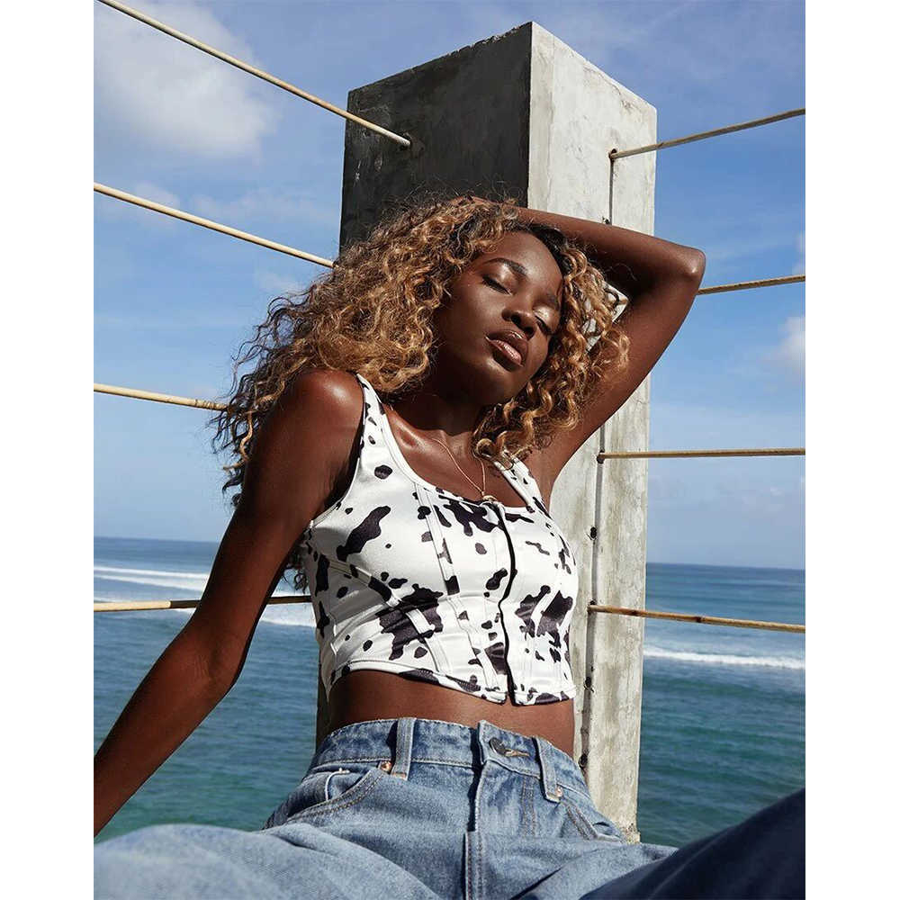 Women Summer Crop Top Cow spots Zip Up Casual Fashion Sexy Chic Lady Woman Camisole Tank Top 210709
