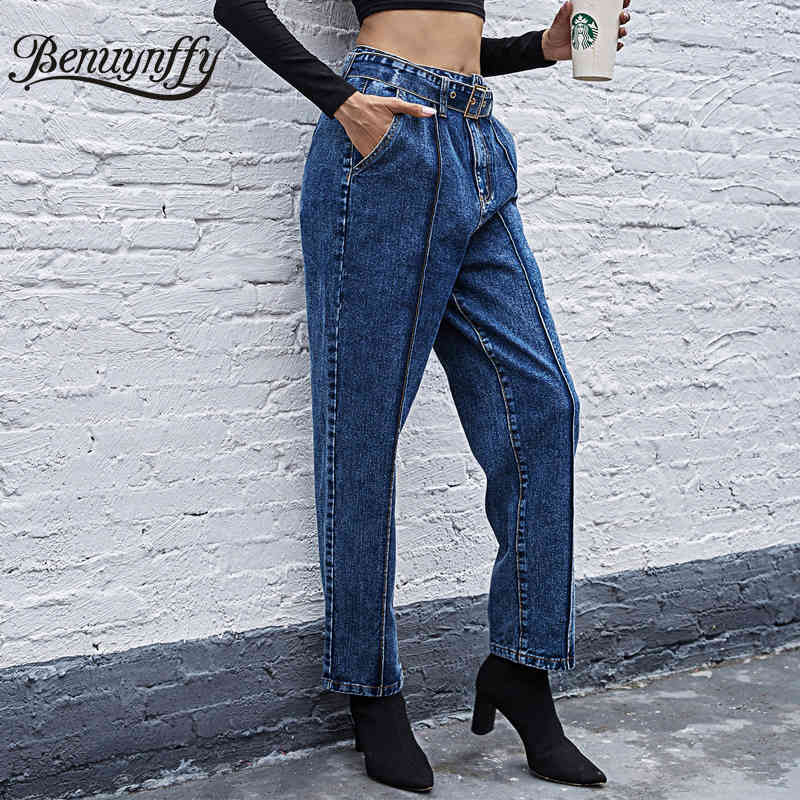 Autumn winter Vintage Pocket High Waist Jeans Woman Casual Fashion Straight Denim Pants Women Cotton Belted Mom 210510