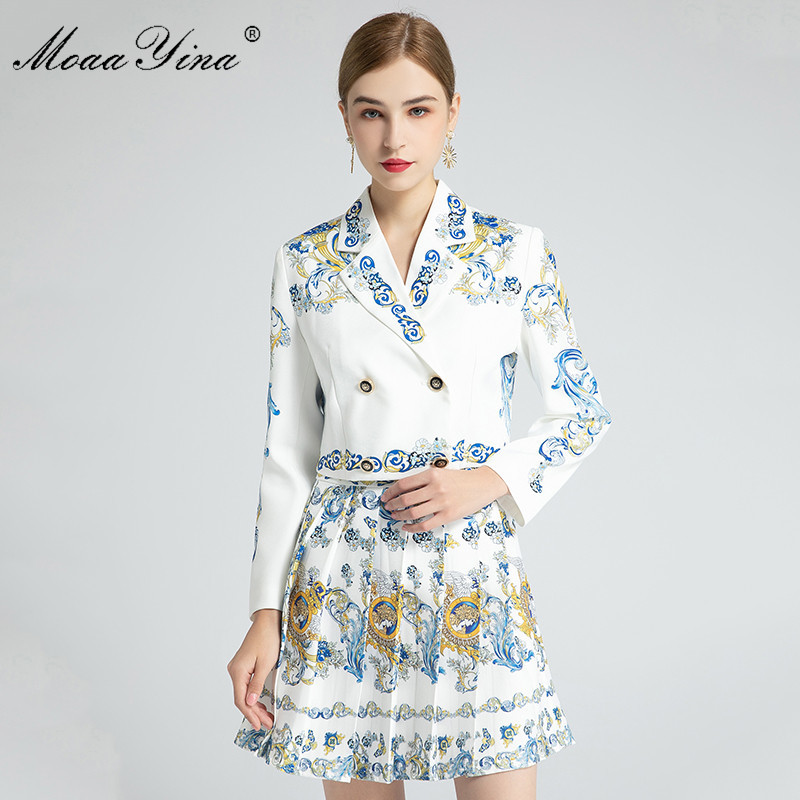 Fashion Set Spring Autumn Women's Long sleeve Double breasted Baroque Print Short jacket+Pleated skirt Two-piece set 210524