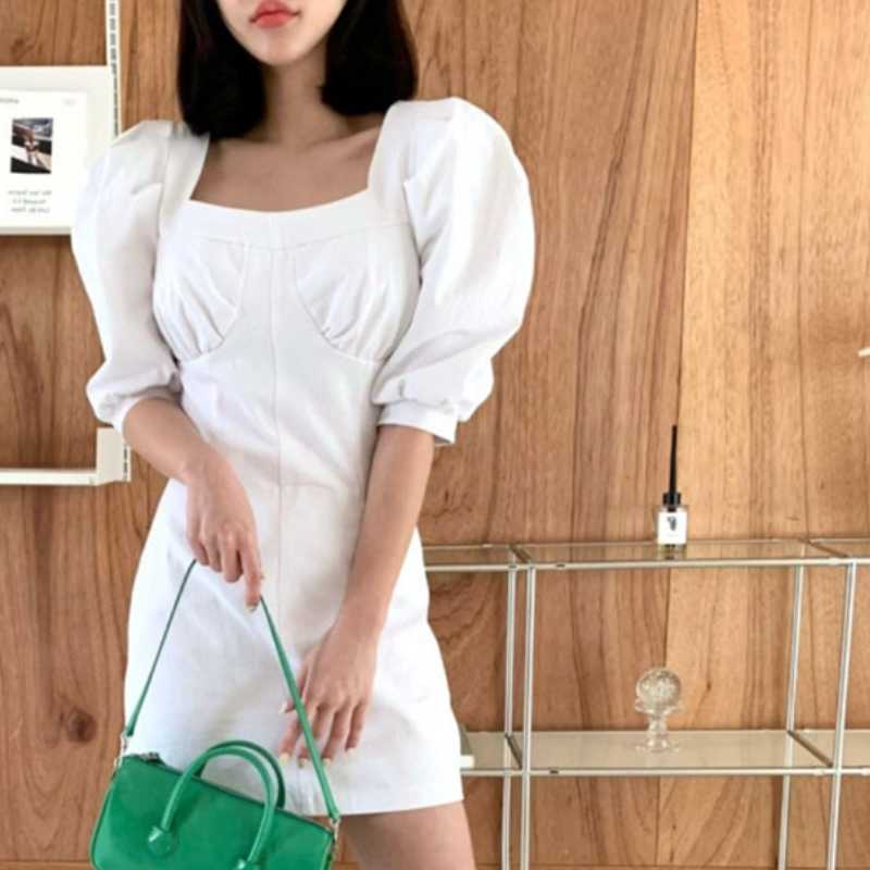 Korean Chic Square Collar Woman Dress Elegant Slim Waist Puff Sleeve Dresses Summer Solid Vestido Mujer 6H771 210603