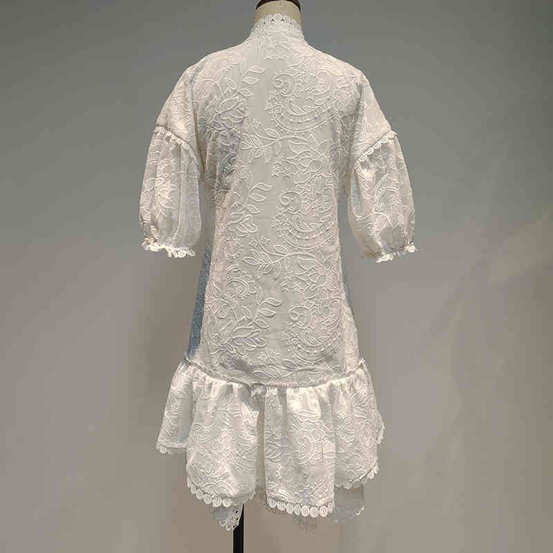 VGH Elegant Patchwork Lace Women's Dress O Turtleneck Puff Sleeve High Waist White Dresses Female Fashion New Clothing Fall 210421