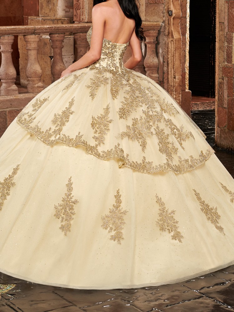 Carmina Quinceanera Dresses In Champagne Gold, Red Color Prom Gowns Floral Applique with Beaded Sequins Classic Tonal Embroidered Tulle