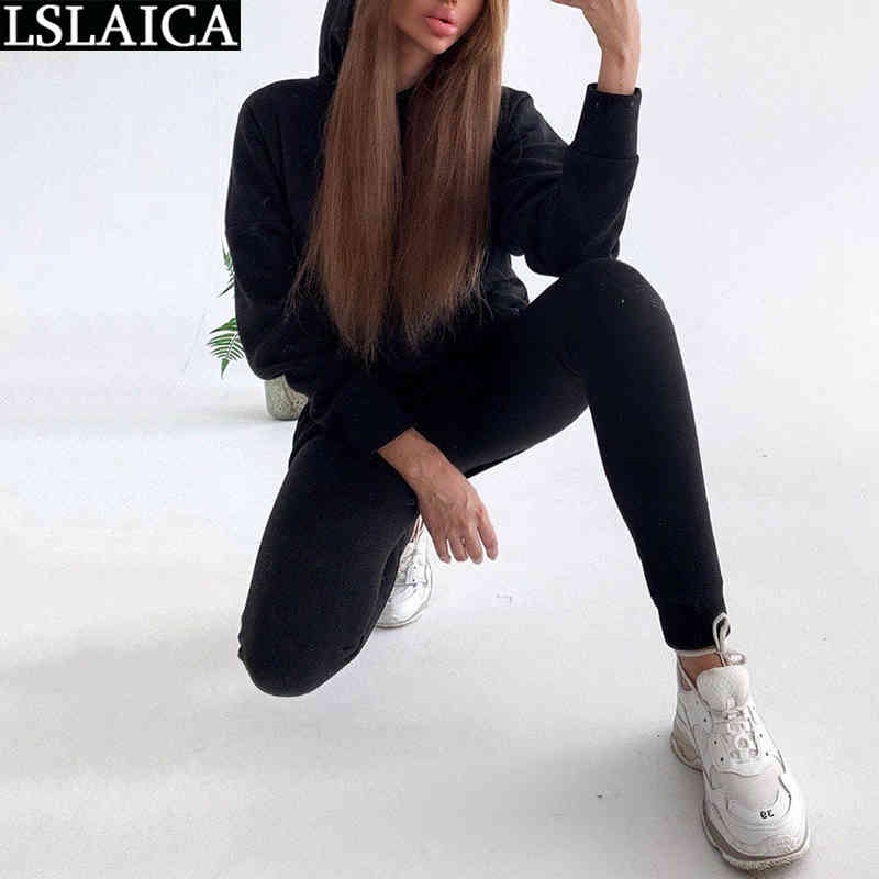 Casual Tracksuit Women Two Piece Set Hooded Long Sleeve Pocket Tops Full Length Pants Autumn Solid Sportswear Clothing 210520
