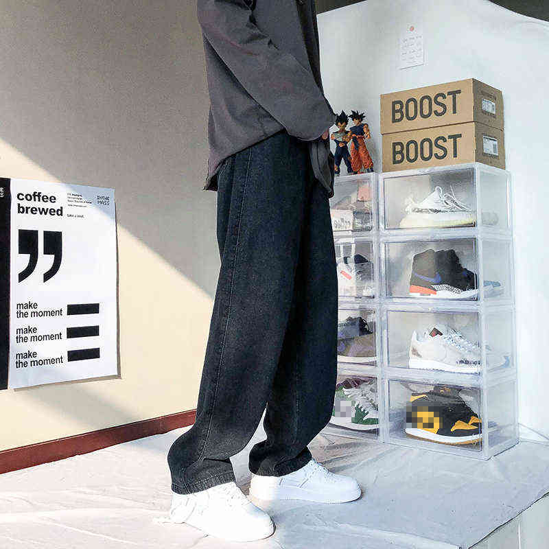 Men's Loose Black/Blue Straight Pants Solid Color Casual Baggy Homme Cargo Pocket Jeans Wide Leg Denim Trousers 211111