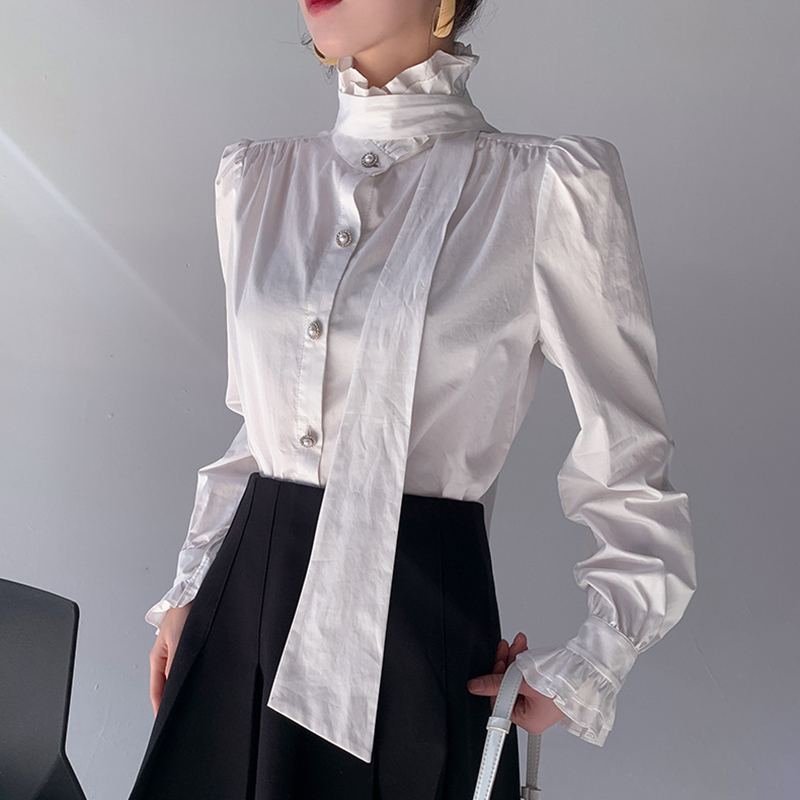 Elegant Patchwork Bowknot Blouse For Women Turtleneck Long Sleeve Causal White Shirt Female Fashion Clothing 210524