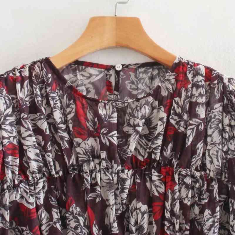 Vintage Women Flower Printed Chiffon Pleated Shirts Female Smock Long Sleeve Blouses Casual Lady Loose Tops Blusas S8226 210430