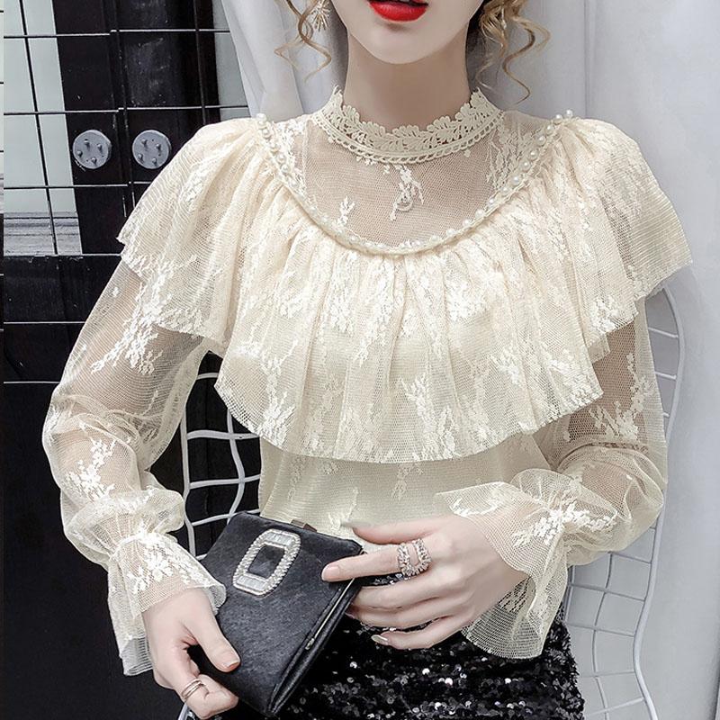 Women's Blouses & Shirts Fashion Mesh Ruffle Blouse Sweet Stand Collar Loose Flare Sleeve Shirt Beading Elegant Women Tops With Lace 16813, White
Women's Blouses & Shirts Fashion Mesh Ruffle Blouse Sweet Stand Collar Loose Flare Sleeve Shirt Beading Elegant Women Tops With Lace 16813, White