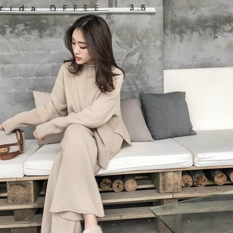 Autumn Winter Two Piece Set Women Knitted Suit Loose Solid Sweater +High Waist Wide Legs Pants Tracksuit Trousers 210520