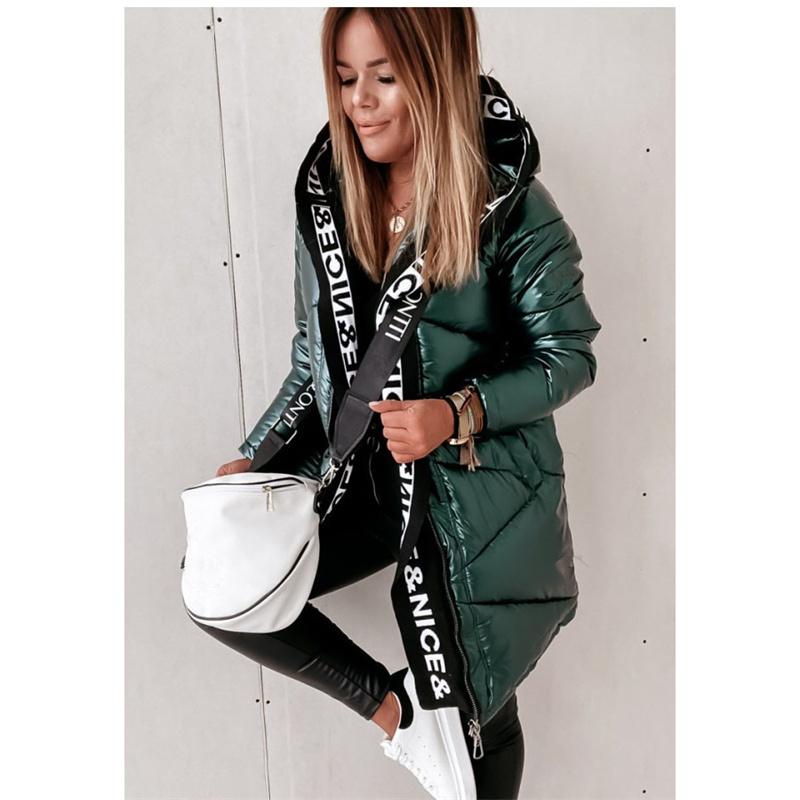 Women's Down & Parkas Cotton Jacket Women Winter 2021 Shiny Plaid Zipper Loose Fashion Hooded Thick Solid Color Long-Sleeved Clothes T325