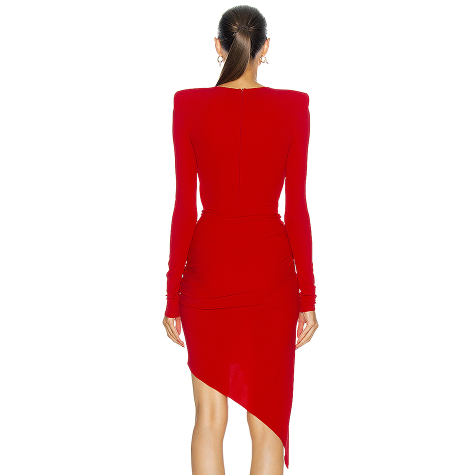 Winter Women Red Long Sleeve Bodycon Dress Sexy O Neck Draped Mini Length Celebrity Club Evening Party Lady 210423
