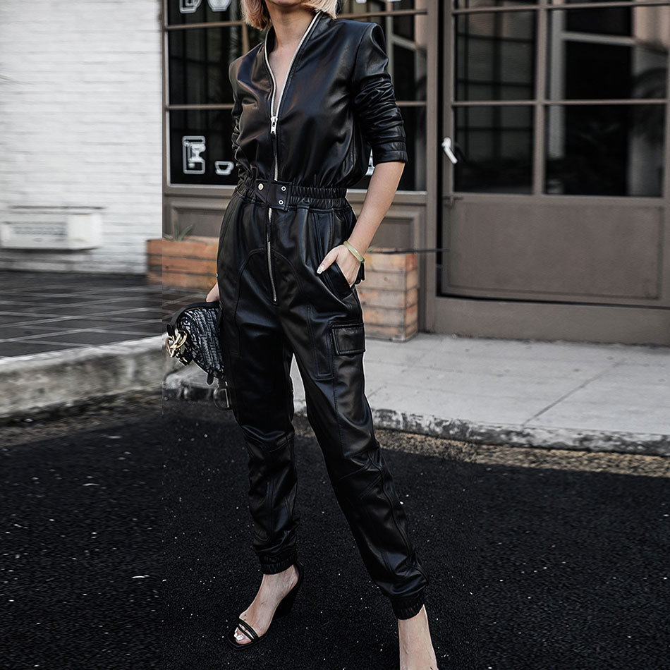 Free Fashion Black PU Faux Leather Jumpsuit Women Streetwear Stand Collar Long Sleeve Zipper 210524