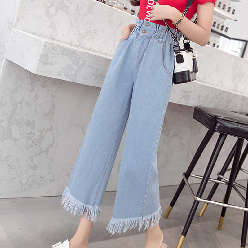 Zoki Spring Plus Size Women Jeans Tassel High Waist Elastic AnkleLength Denim Pants Fashion Loose Wide leg Female S5XL 210922